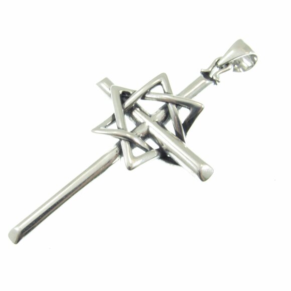 Solid 925 Sterling Silver Interwoven Star of David on Christian Cross Pendant - Picture 8 of 11